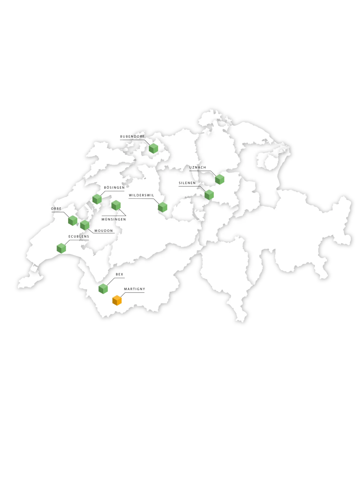 Übersicht der GreenPlaces Standorte in der Schweiz auf einer Karte dargestellt