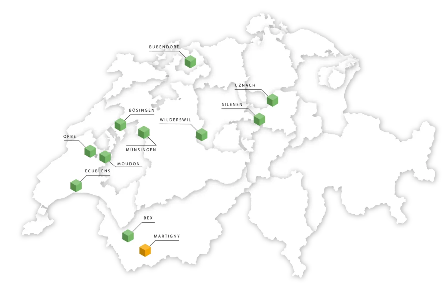 Übersicht der GreenPlaces Standorte in der Schweiz auf einer Karte dargestellt