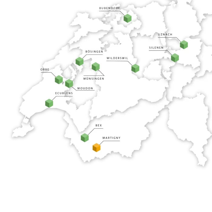 Übersicht der GreenPlaces Standorte in der Schweiz auf einer Karte dargestellt