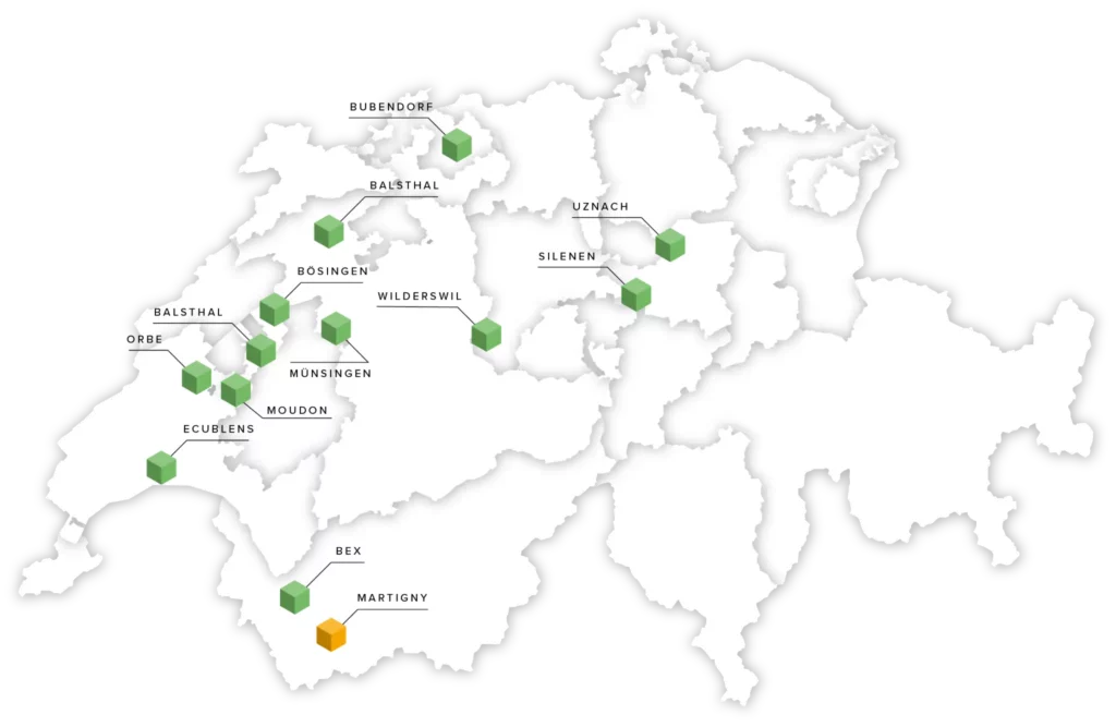 Übersicht der GreenPlaces Standorte in der Schweiz auf einer Karte dargestellt