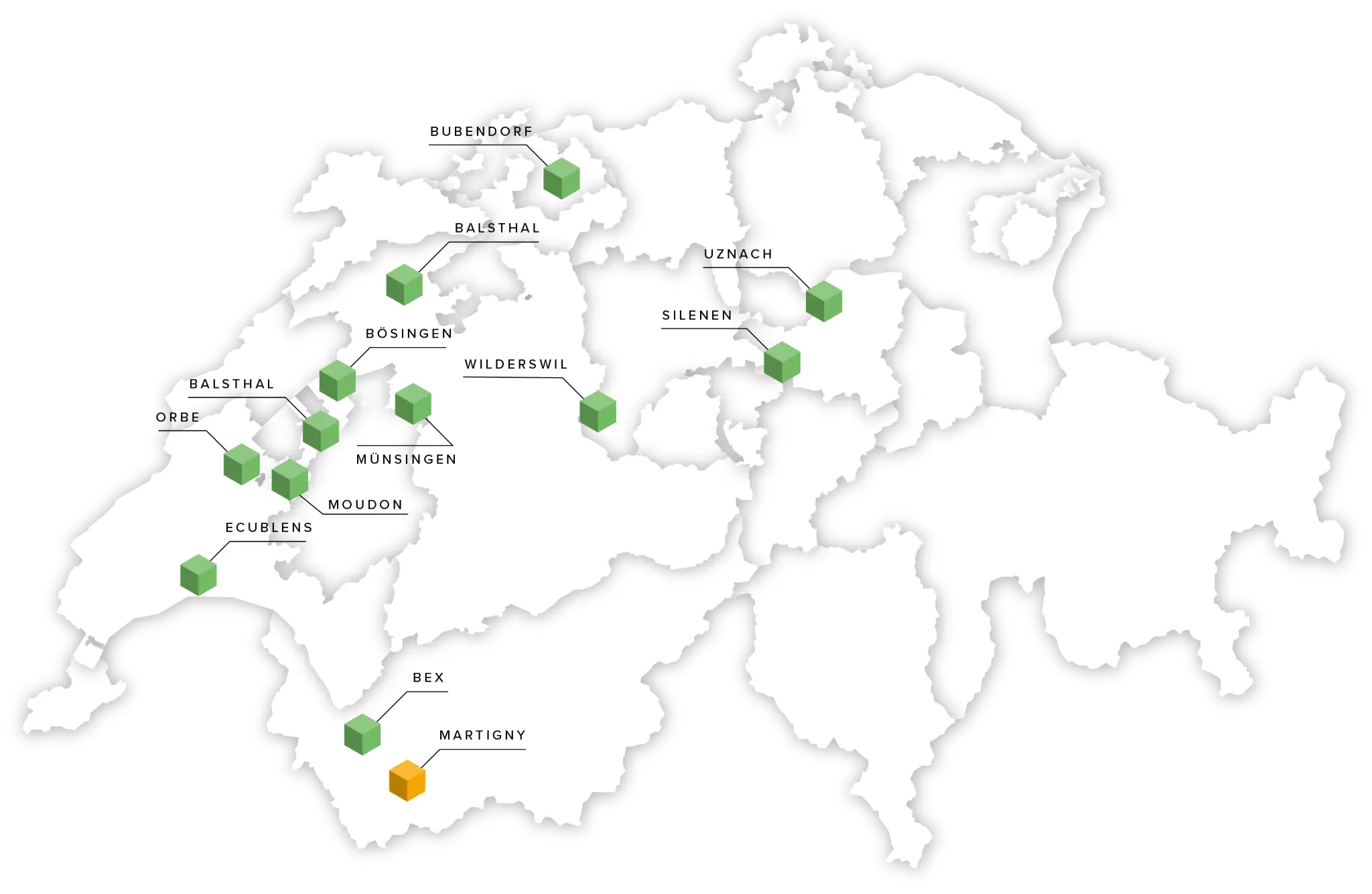 Aperçu des sites GreenPlaces en Suisse, représentés sur une carte
